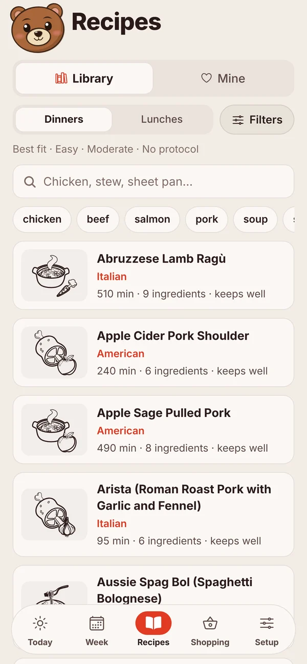 MealBear Recipes screen: a searchable recipe library