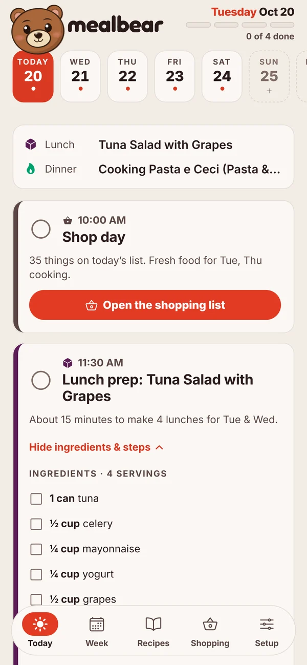 MealBear Today screen: shop day, lunch prep, and dinner for Tuesday