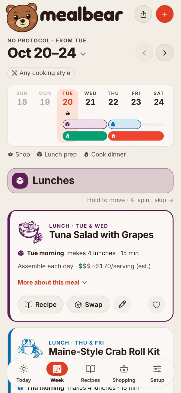 MealBear Week screen: lunches and dinners planned across the week
